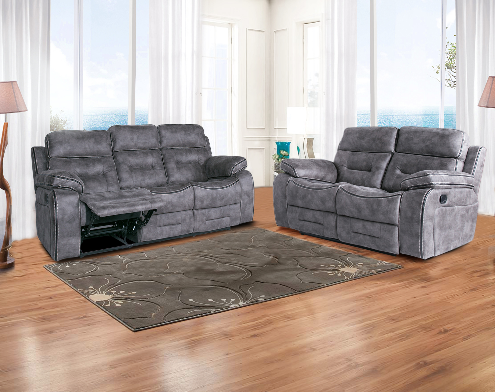 Contemporary Dark Gray Fabric Recliner Sofa Living Room