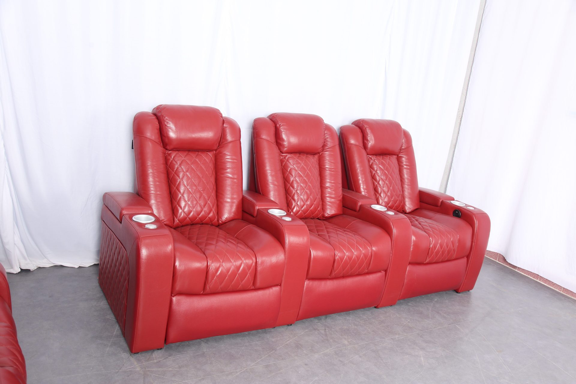 Modern Red Leather 3-Seater Home Theater Recliner Sofa &ndash; with Cup Holders, USB Charging & Under-Seat LED Base Light