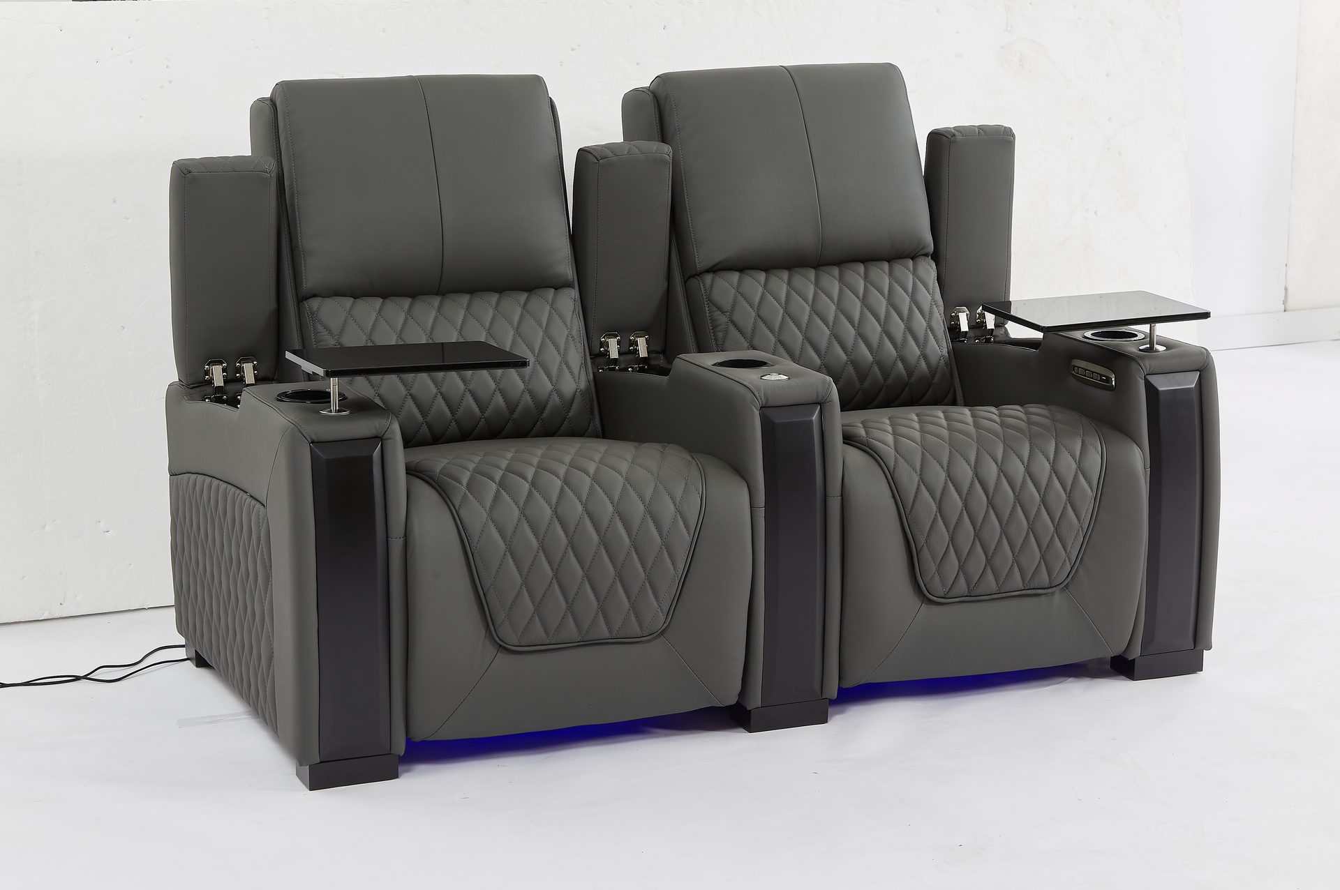 Modern Gray Leather 2-Seater Home Theater Sofa &ndash; High-End Electric Reclining Cinema Seating with Swivel Tray Tables & LED Base Lights