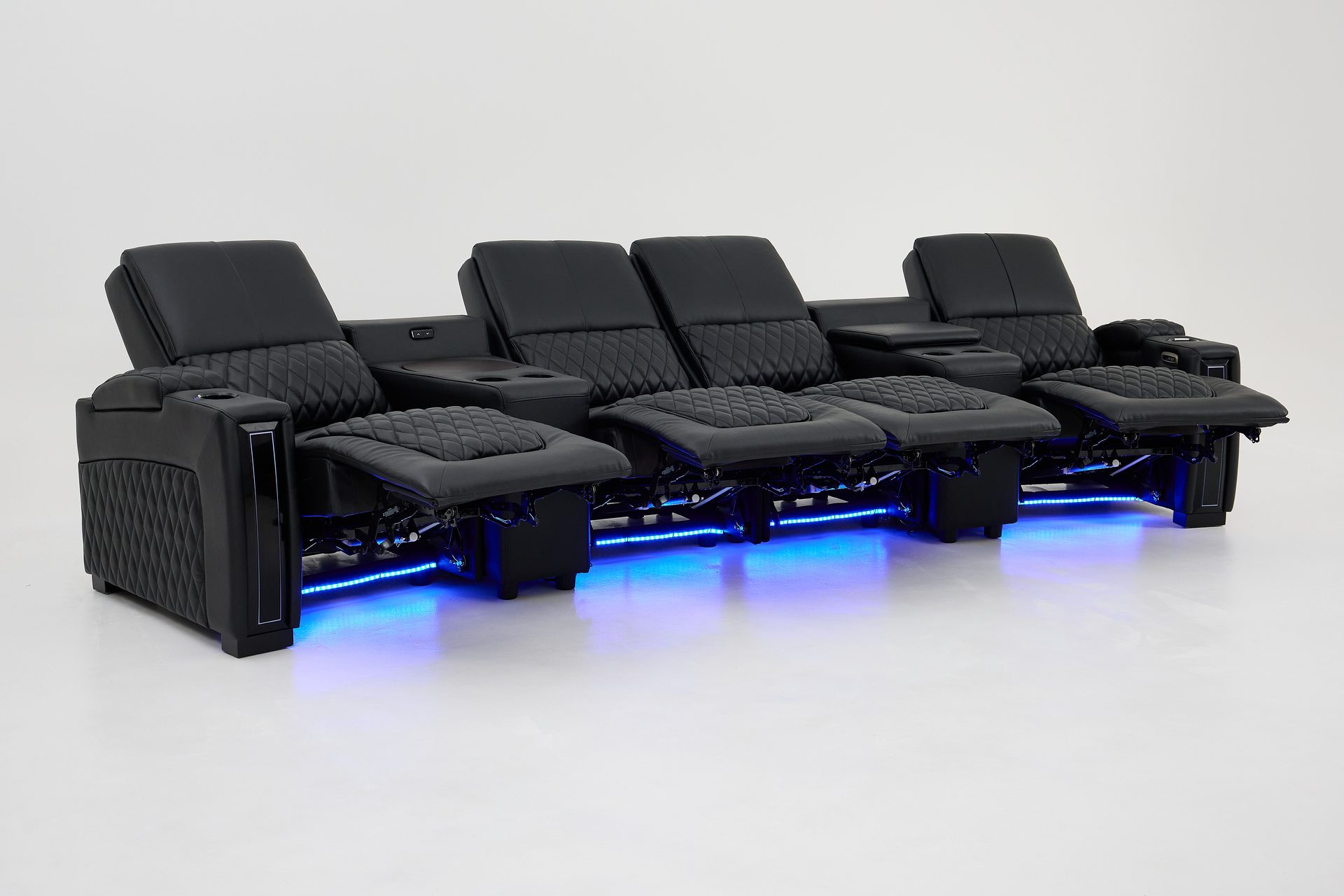 Modern Multi-Functional Black Leather Reclining Sofa &ndash; High-Value 4-Seater Power Couch with Center Consoles, LED Cup Holders & Ambient Lighting