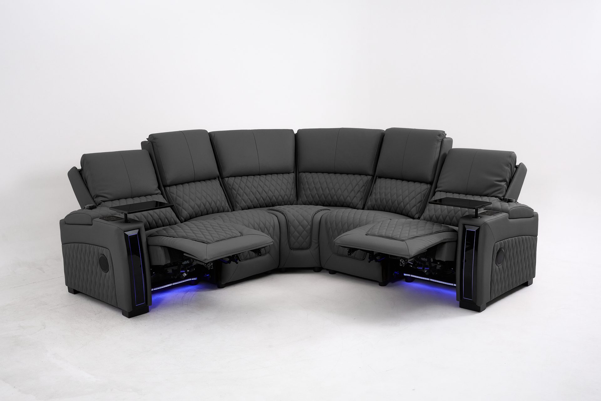 All-In-One L-Shaped Power Reclining Sofa &ndash; Gray Leather Couch with Wireless Charging, Hidden Storage & Under-Seat Ambient Lights