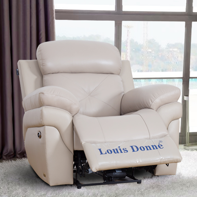 Beige Designer 3 Seater Leather Recliner Sofa Set In The Living Room